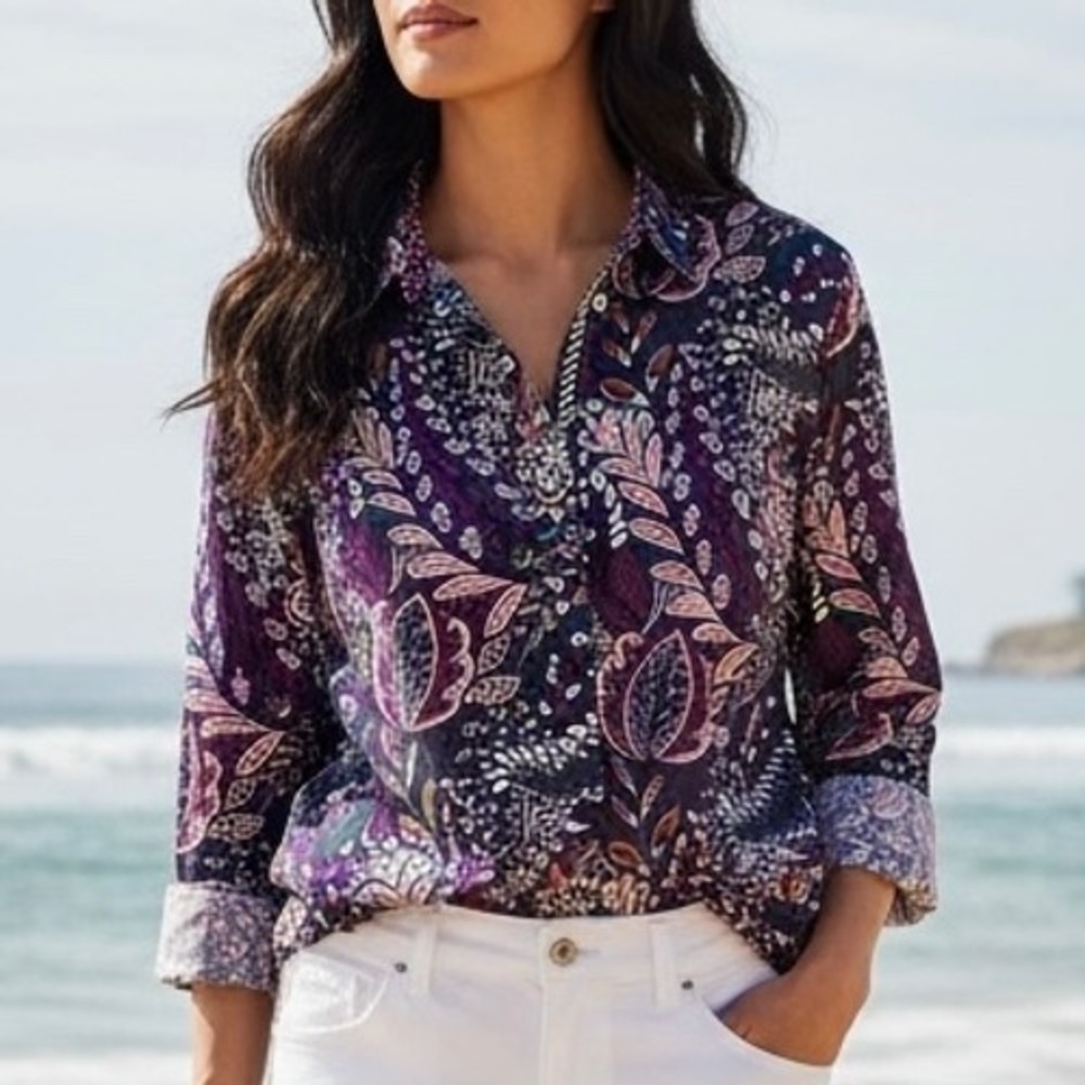 Talbots Petite XL Purple Paisley Floral Cotton Button Down Shirt Long Sleeve
